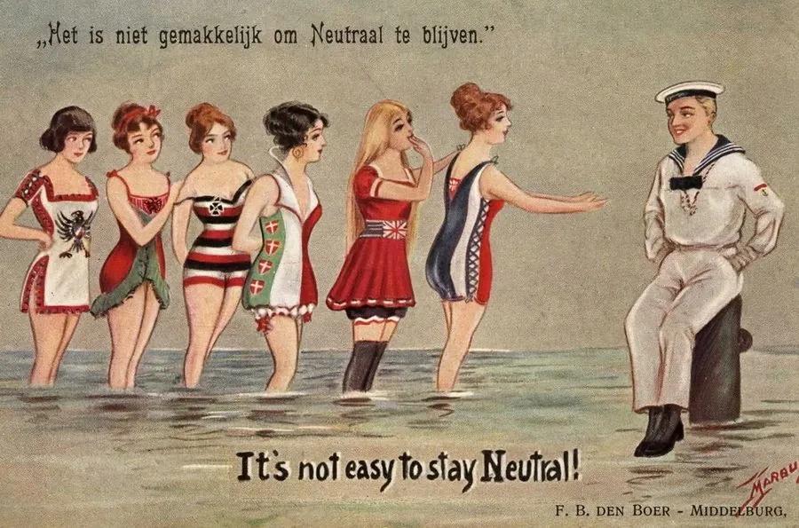 A caption to a cartoon showing the countries of Europe as beautiful young women and the Netherlands as a sailor: staying neutral — staying indifferent — is not easy.