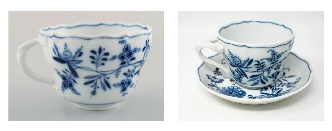 They did try to make it similar, of course, but the Japanese porcelain is a touch greyer and the handle is less elegant. Note the thickness of the walls and the scalloping: Meissen's walls are thinner and the scalloping more pronounced.
