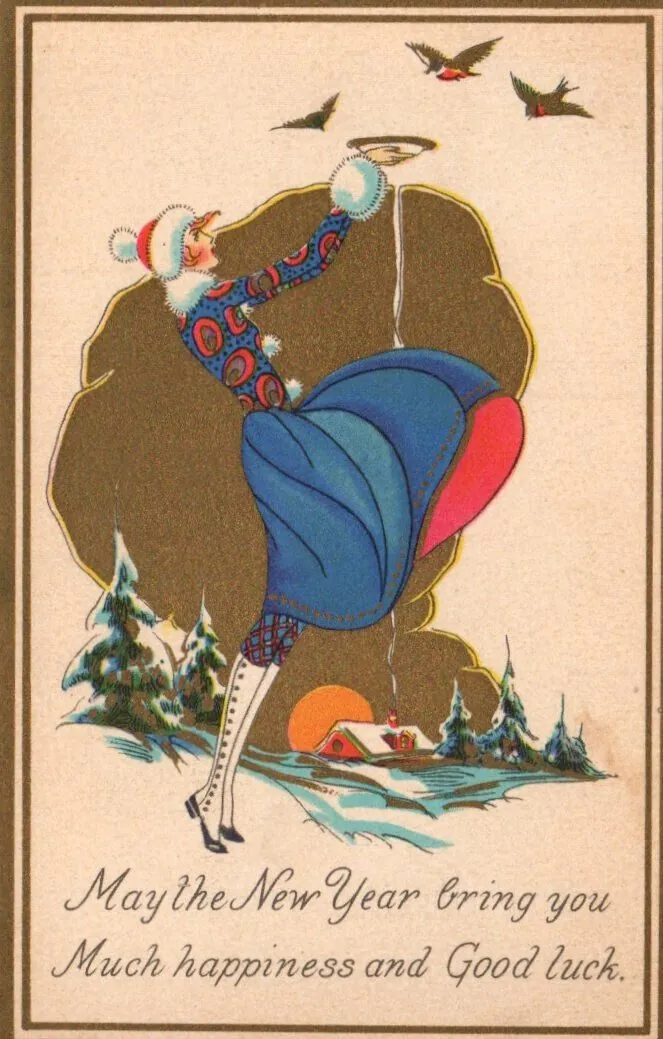 A 1920s card: may the New Year bring much happiness and good fortune.