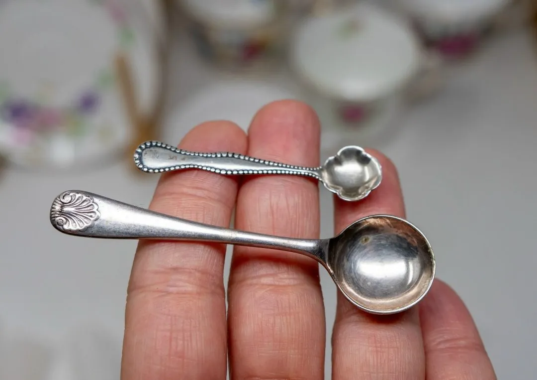 Silver spoons — for snuff, above, and for salt.