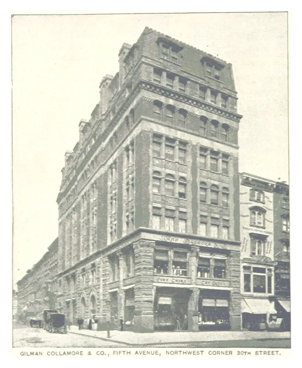 The shop of the importer Gilman Collamore, on the corner of Fifth Avenue and 30th Street.