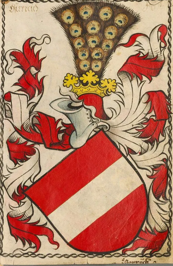 The official Babenberg arms, with the red-and-white shield at the centre. Its proper name is the Bindenschild — the 