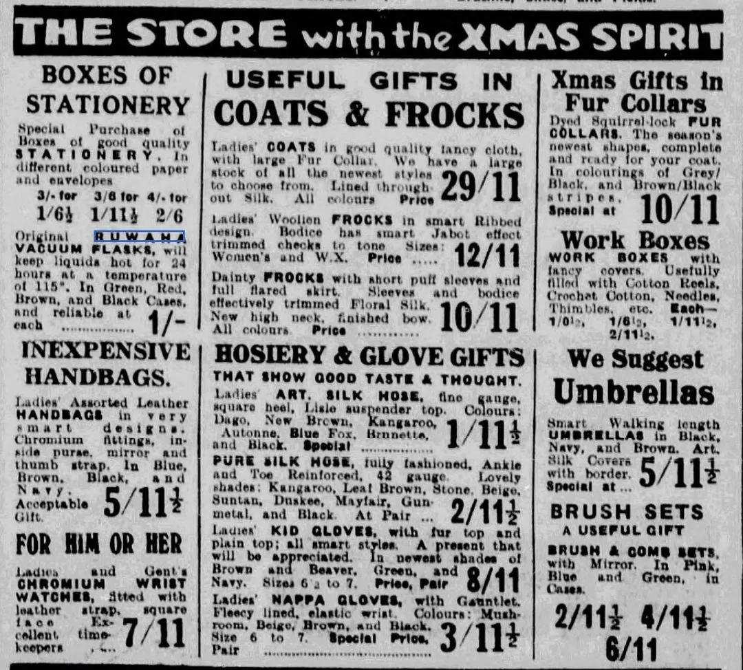 1934, The Evening Chronicle, an advertising block of Christmas gifts. Ruwaha invites you to buy vacuum flasks from them.