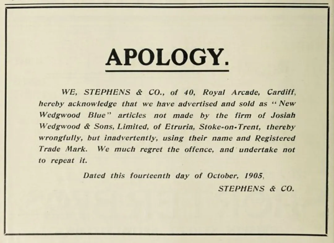 On 14 October 1905 Stephens and Co. formally apologised for advertising Enoch's goods as Josiah's, thereby breaching the rules on trademarks. I took the notices from a bound volume of the Pottery Gazette, 1906.
